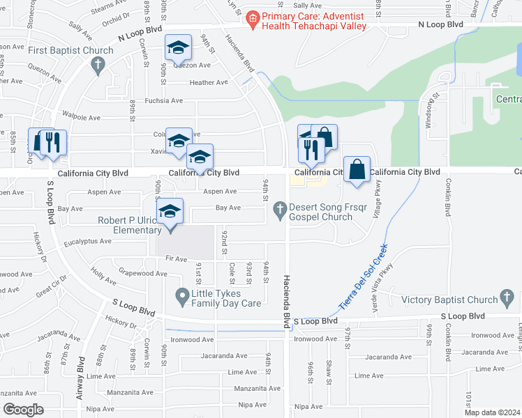 map of restaurants, bars, coffee shops, grocery stores, and more near 9397 Bay Avenue in California City