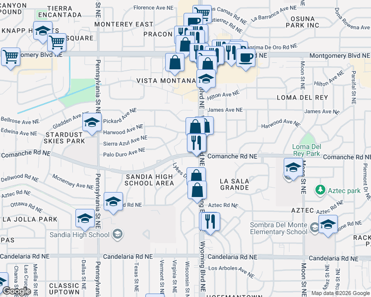 map of restaurants, bars, coffee shops, grocery stores, and more near 8333 Comanche Road Northeast in Albuquerque