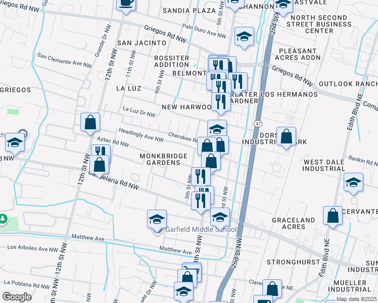 map of restaurants, bars, coffee shops, grocery stores, and more near 426 Headingly Avenue Northwest in Albuquerque