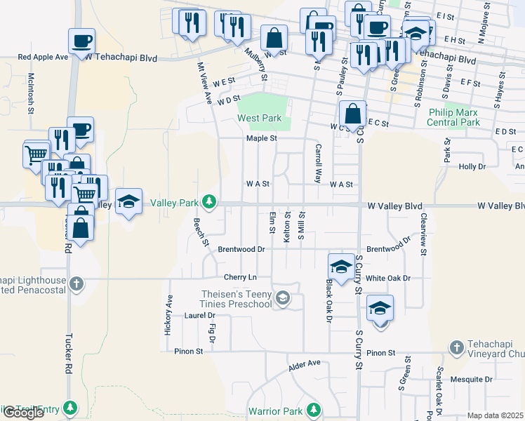 map of restaurants, bars, coffee shops, grocery stores, and more near 524 Valley Boulevard in Tehachapi