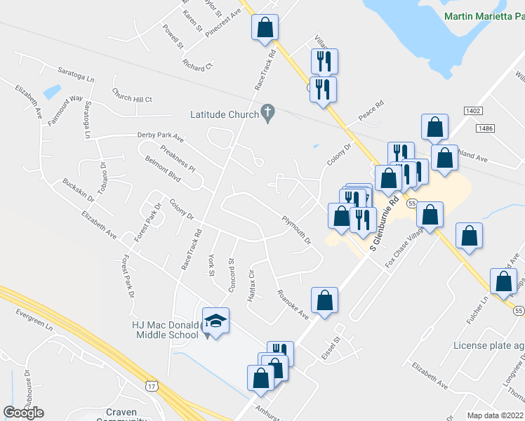 map of restaurants, bars, coffee shops, grocery stores, and more near 1111 Plymouth Drive in New Bern