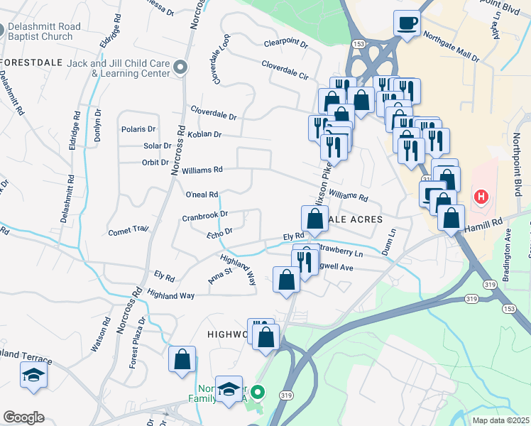 map of restaurants, bars, coffee shops, grocery stores, and more near 1233 Cranbrook Dr in Hixson