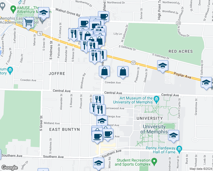 map of restaurants, bars, coffee shops, grocery stores, and more near 274 South Highland Street in Memphis