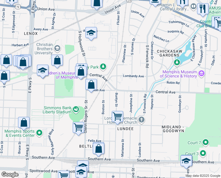 map of restaurants, bars, coffee shops, grocery stores, and more near 2685 Illinois Central Railroad in Memphis