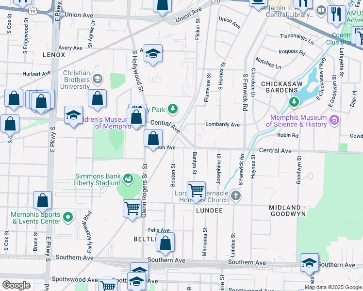 map of restaurants, bars, coffee shops, grocery stores, and more near 2685 Illinois Central Railroad in Memphis