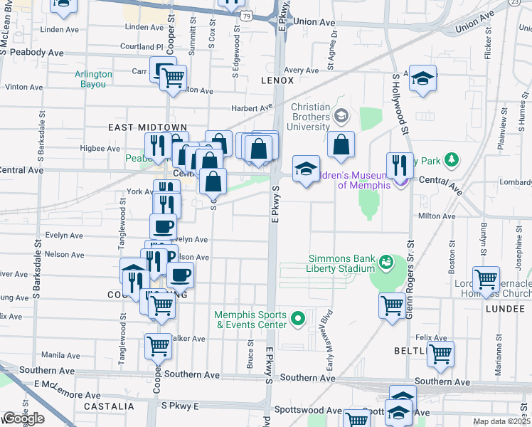 map of restaurants, bars, coffee shops, grocery stores, and more near 2310 Elzey Avenue in Memphis