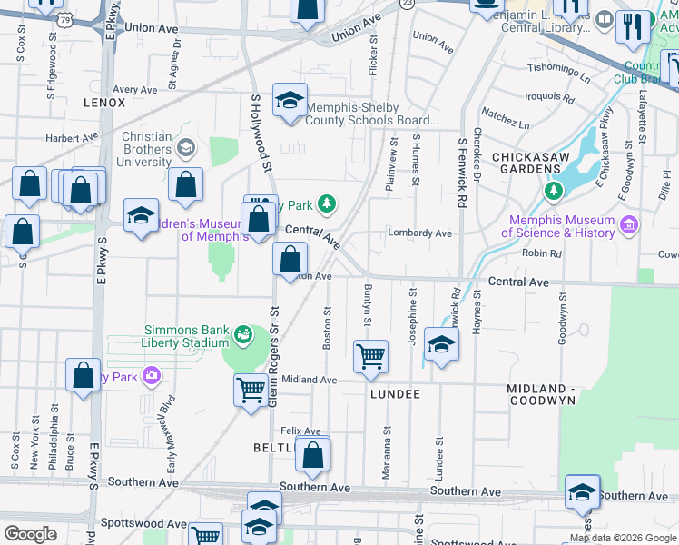 map of restaurants, bars, coffee shops, grocery stores, and more near 2685 Illinois Central Railroad in Memphis