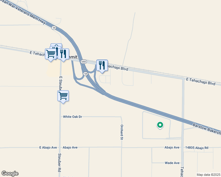 map of restaurants, bars, coffee shops, grocery stores, and more near Monolith Street in Tehachapi