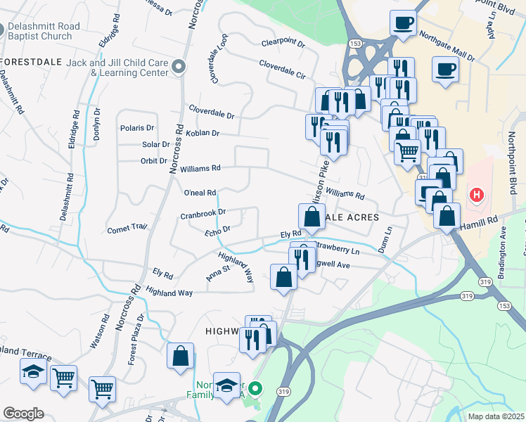 map of restaurants, bars, coffee shops, grocery stores, and more near 1233 Cranbrook Dr in Hixson