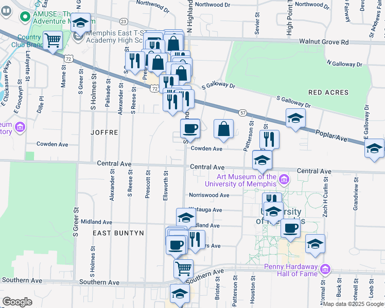map of restaurants, bars, coffee shops, grocery stores, and more near 274 South Highland Street in Memphis