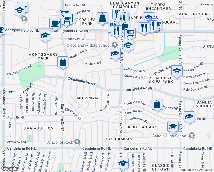 map of restaurants, bars, coffee shops, grocery stores, and more near 3604 Georgia Street Northeast in Albuquerque