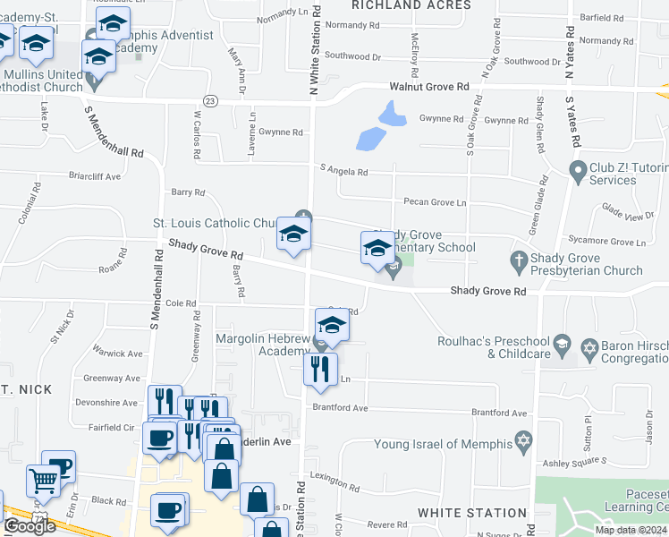 map of restaurants, bars, coffee shops, grocery stores, and more near 5264 Shady Grove Road in Memphis