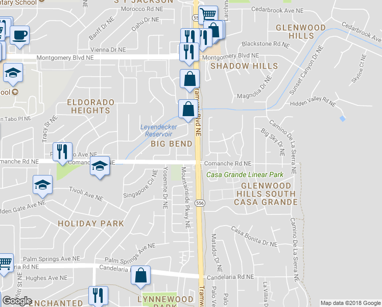 map of restaurants, bars, coffee shops, grocery stores, and more near 3728 Ridge Pointe Loop Northeast in Albuquerque