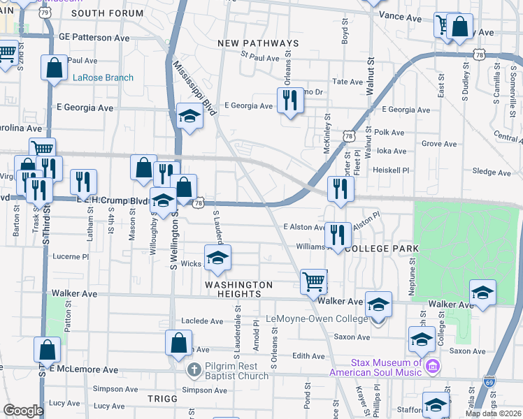 map of restaurants, bars, coffee shops, grocery stores, and more near 843 Mississippi Boulevard in Memphis