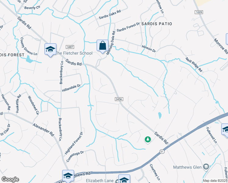 map of restaurants, bars, coffee shops, grocery stores, and more near 9130 Sardis Road in Matthews