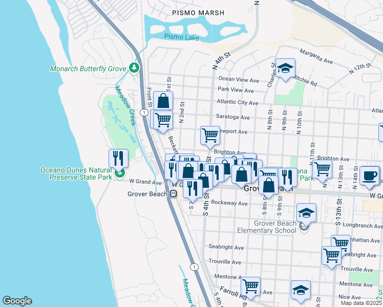map of restaurants, bars, coffee shops, grocery stores, and more near 291 North 3rd Street in Grover Beach