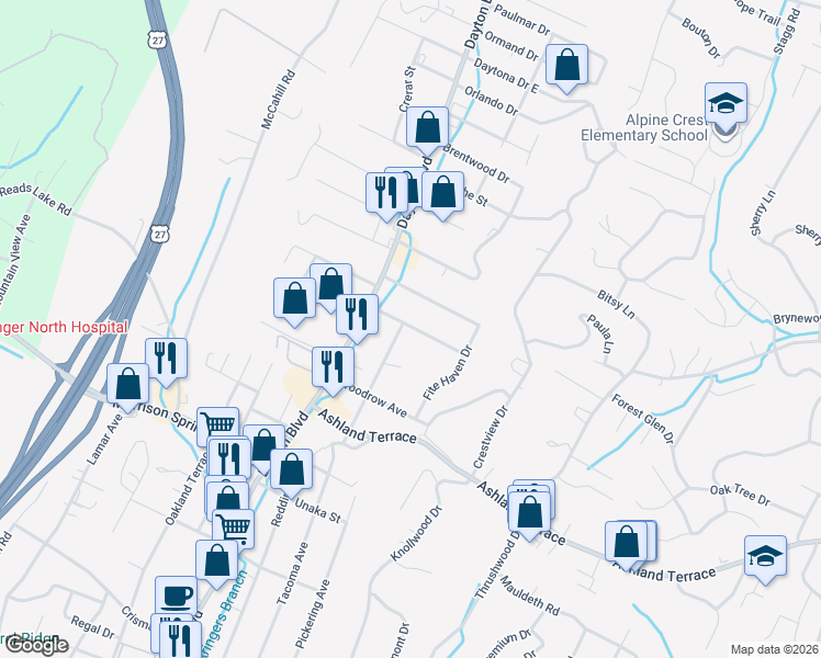 map of restaurants, bars, coffee shops, grocery stores, and more near 112 Meadowbrook Drive West in Chattanooga