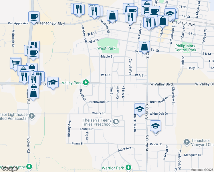 map of restaurants, bars, coffee shops, grocery stores, and more near 516 Valley Boulevard in Tehachapi