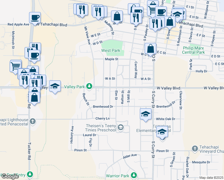 map of restaurants, bars, coffee shops, grocery stores, and more near 514 Valley Boulevard in Tehachapi