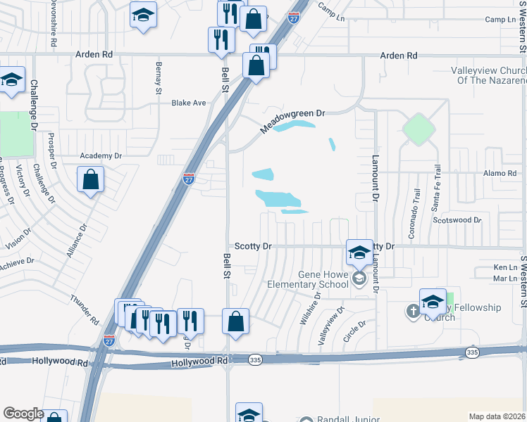 map of restaurants, bars, coffee shops, grocery stores, and more near 8300 Venice Drive in Amarillo