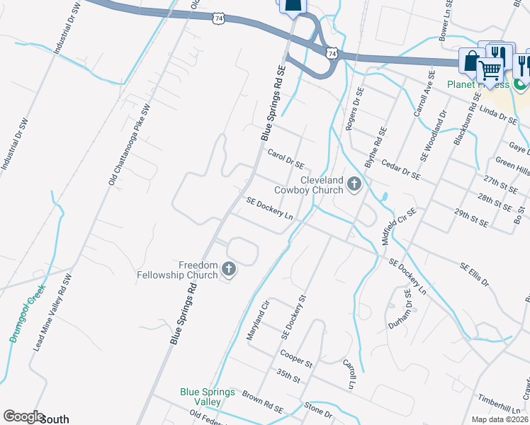 map of restaurants, bars, coffee shops, grocery stores, and more near 210 Southeast Dockery Lane in Cleveland