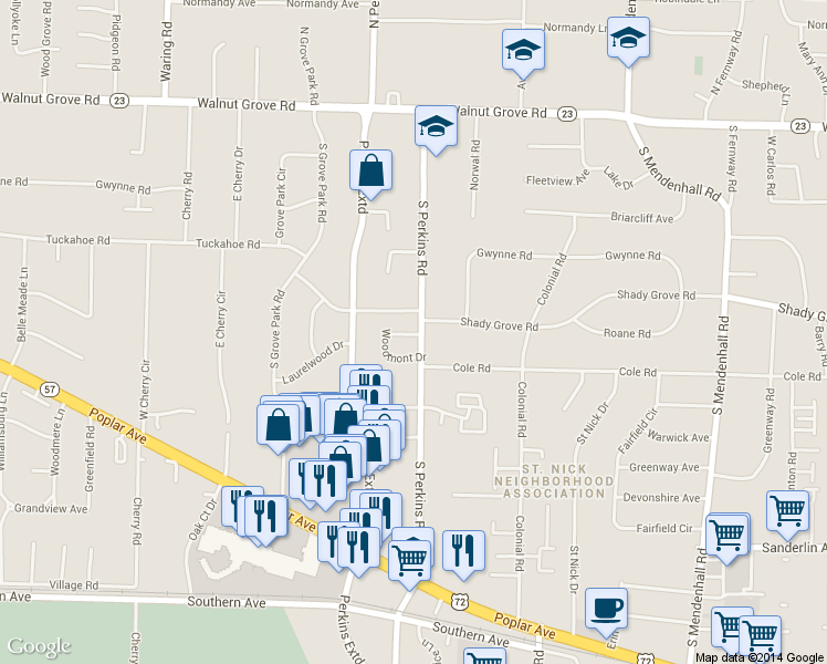 map of restaurants, bars, coffee shops, grocery stores, and more near 4650 Woodmont Place in Memphis