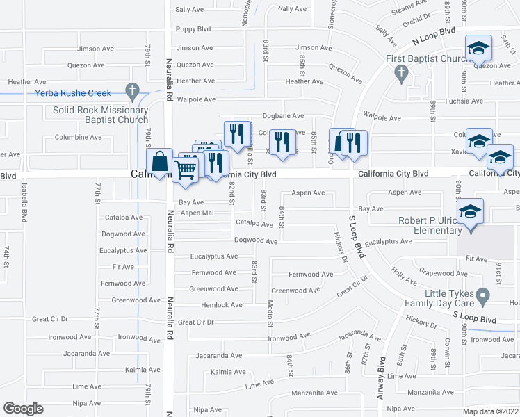 map of restaurants, bars, coffee shops, grocery stores, and more near 20901 83rd Street in California City