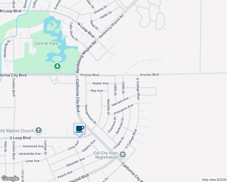 map of restaurants, bars, coffee shops, grocery stores, and more near 20849 108th Street in California City