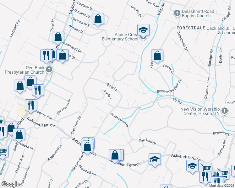map of restaurants, bars, coffee shops, grocery stores, and more near 608 Bitsy Lane in Chattanooga