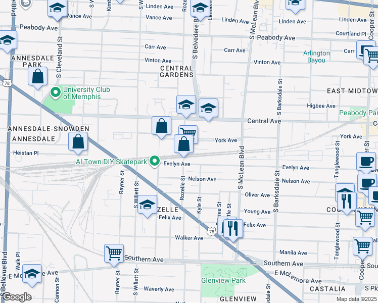 map of restaurants, bars, coffee shops, grocery stores, and more near 802 Rozelle Street in Memphis
