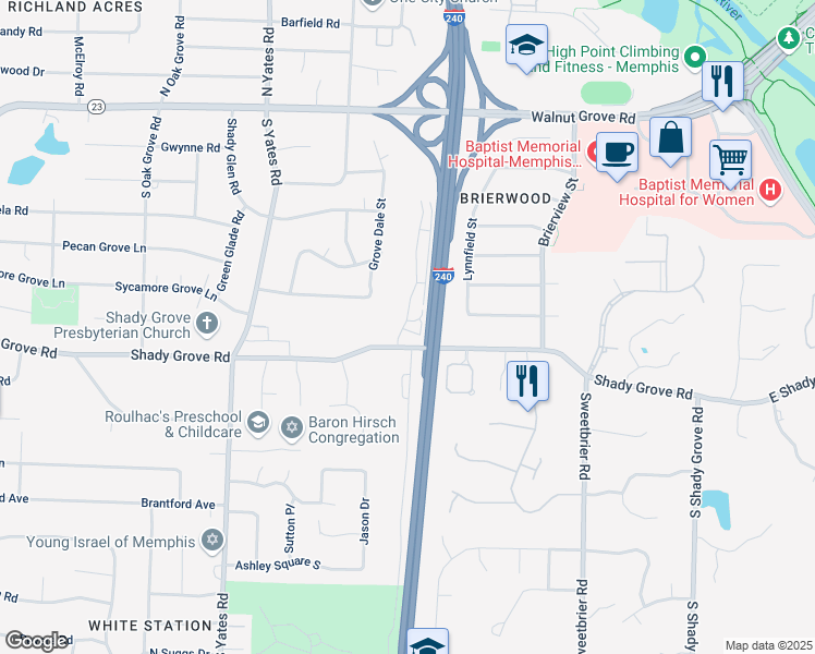 map of restaurants, bars, coffee shops, grocery stores, and more near 5756 Shady Grove Road in Memphis
