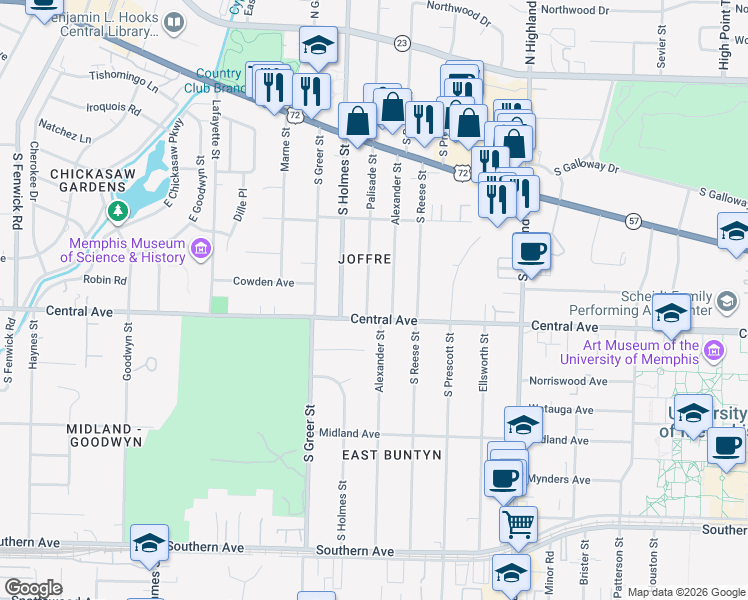 map of restaurants, bars, coffee shops, grocery stores, and more near 284 Palisade Street in Memphis