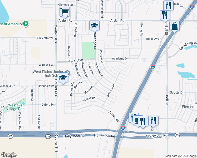 map of restaurants, bars, coffee shops, grocery stores, and more near 8125 Victory Dr in Amarillo