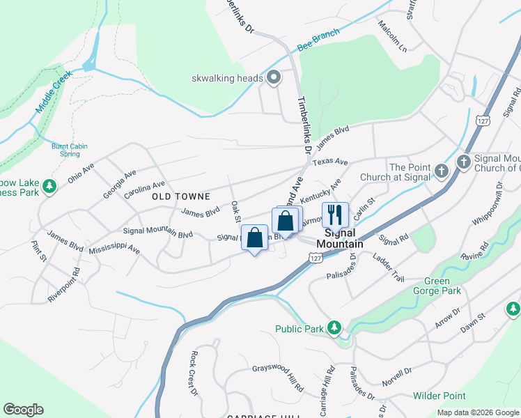 map of restaurants, bars, coffee shops, grocery stores, and more near 709 Kentucky Avenue in Signal Mountain