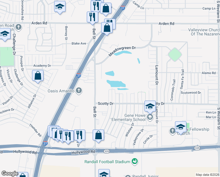 map of restaurants, bars, coffee shops, grocery stores, and more near 8300 Venice Drive in Amarillo