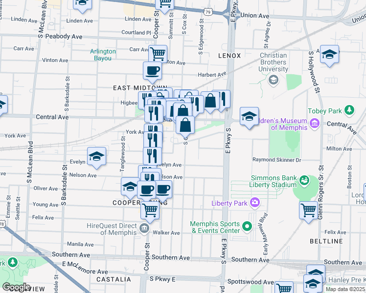 map of restaurants, bars, coffee shops, grocery stores, and more near 791 South Cox Street in Memphis