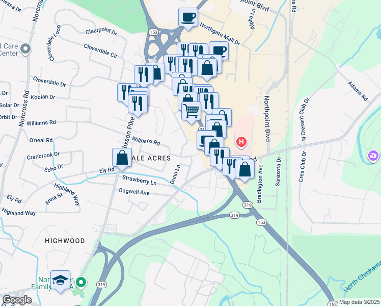 map of restaurants, bars, coffee shops, grocery stores, and more near 1811 Williams Road in Chattanooga