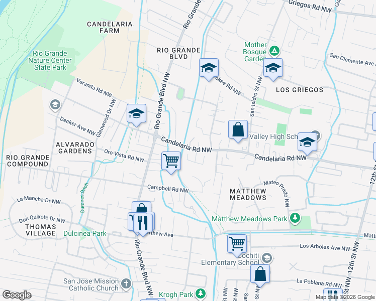 map of restaurants, bars, coffee shops, grocery stores, and more near 2168 Ryan Place Northwest in Albuquerque