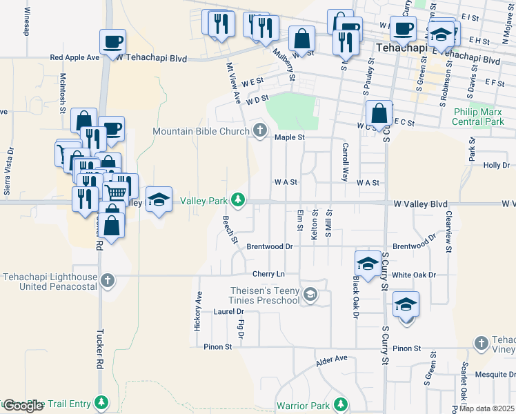 map of restaurants, bars, coffee shops, grocery stores, and more near 800 Aspen Drive in Tehachapi