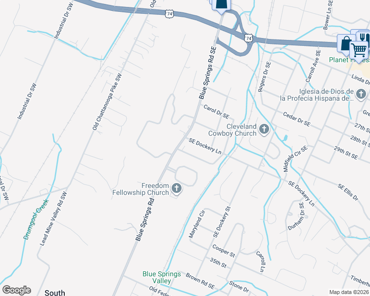 map of restaurants, bars, coffee shops, grocery stores, and more near 203 Meadowbrook Drive Southeast in Cleveland