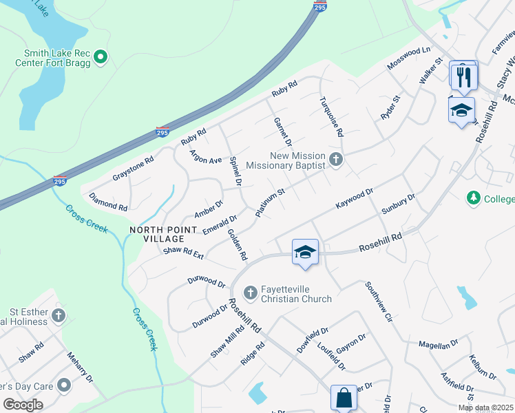 map of restaurants, bars, coffee shops, grocery stores, and more near 522 Platinum Street in Fayetteville