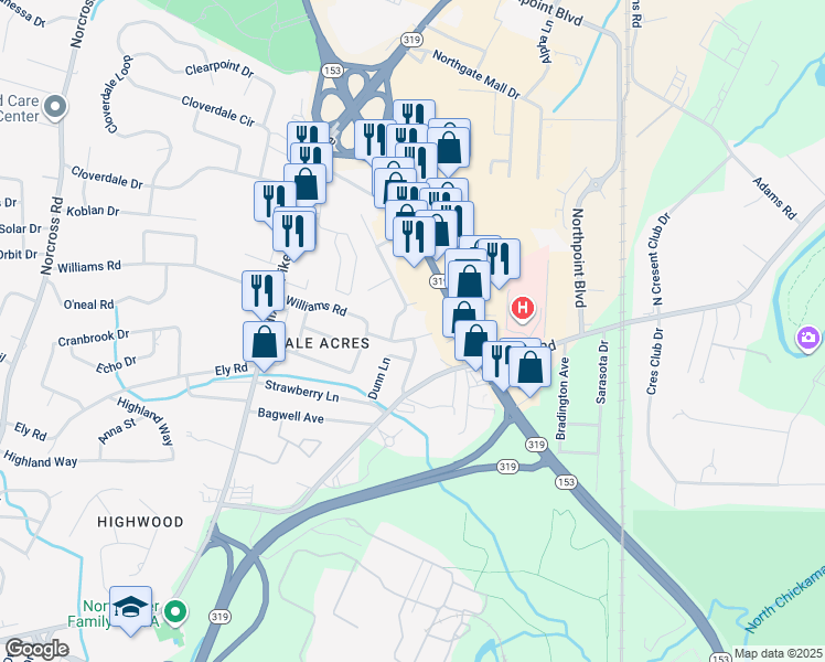 map of restaurants, bars, coffee shops, grocery stores, and more near 1811 Williams Road in Chattanooga