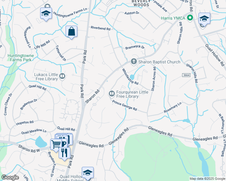 map of restaurants, bars, coffee shops, grocery stores, and more near 8402 Prince George Rd in Charlotte