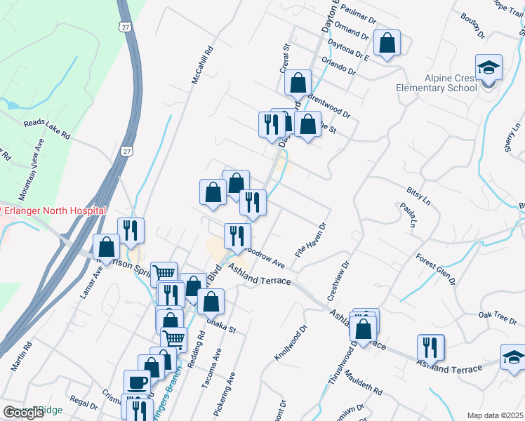 map of restaurants, bars, coffee shops, grocery stores, and more near 4220 Dayton Boulevard in Chattanooga