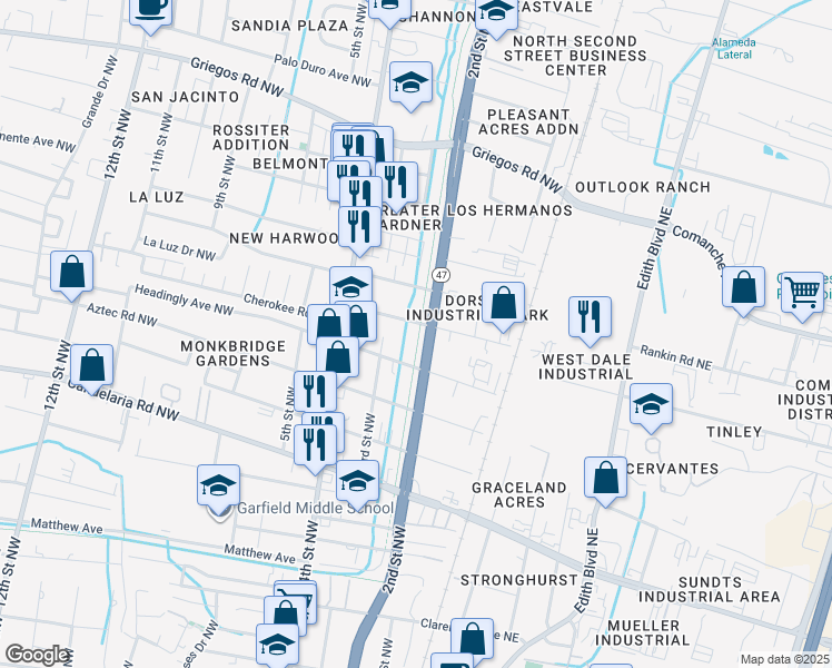 map of restaurants, bars, coffee shops, grocery stores, and more near 200 Mescalero Road Northwest in Albuquerque