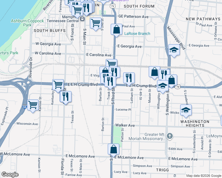 map of restaurants, bars, coffee shops, grocery stores, and more near 861 South 3rd Street in Memphis