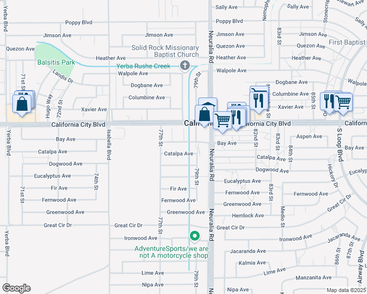 map of restaurants, bars, coffee shops, grocery stores, and more near Kenniston Street in California City
