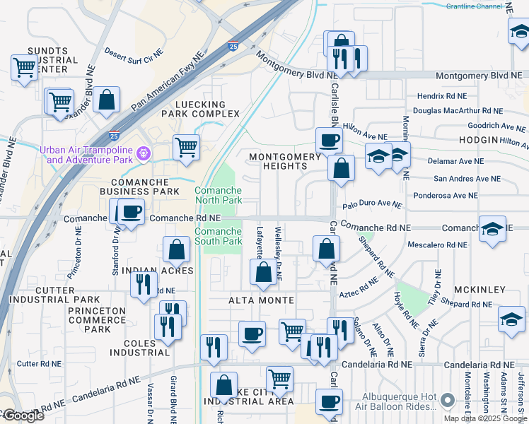 map of restaurants, bars, coffee shops, grocery stores, and more near 3800 Lafayette Drive Northeast in Albuquerque