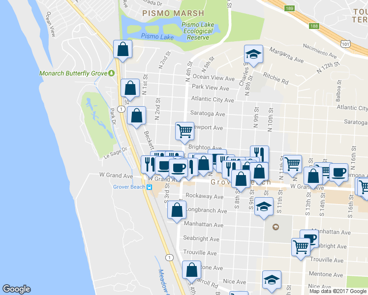 map of restaurants, bars, coffee shops, grocery stores, and more near 294 N 4th St in Grover Beach