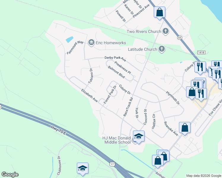 map of restaurants, bars, coffee shops, grocery stores, and more near 3601 Red Oak Drive in New Bern